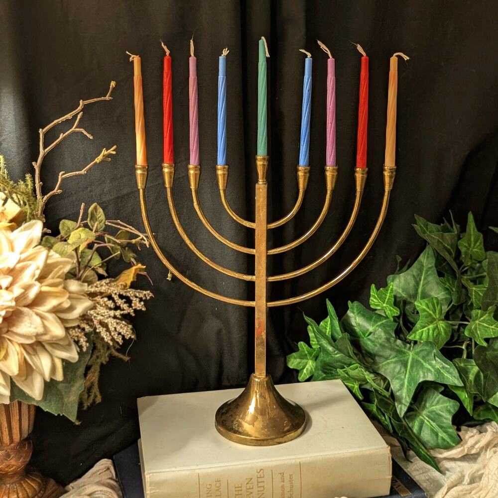 Vintage Solid Brass Menorah 10" Hanukkah Chanuka Candelabra Judaica Candle Set